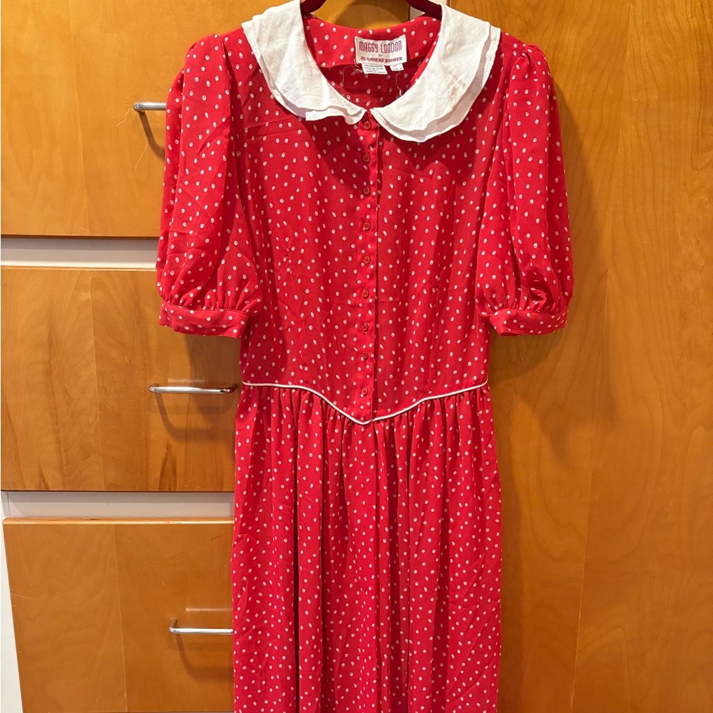 Vintage Maggy London Sheer Red Polka Dot Dress with White Collar
